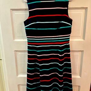 Sandra Darren sheath dress. Navy background. Rainbow stripes. Size 8.